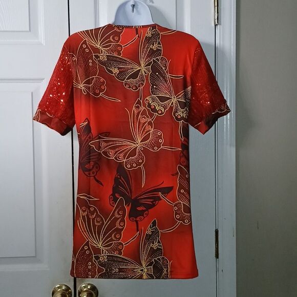 Red butterfly print blouse with sequin sleeves Sz M NWOT - Picture 4 of 7